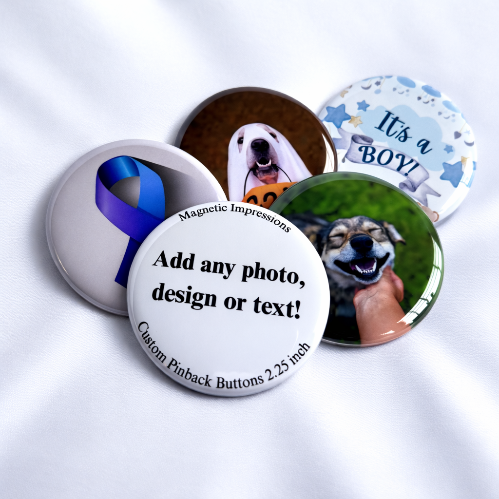 Collection of customizable pinback buttons with various designs on a white background. These buttons can be personalized with any photo, design or text
