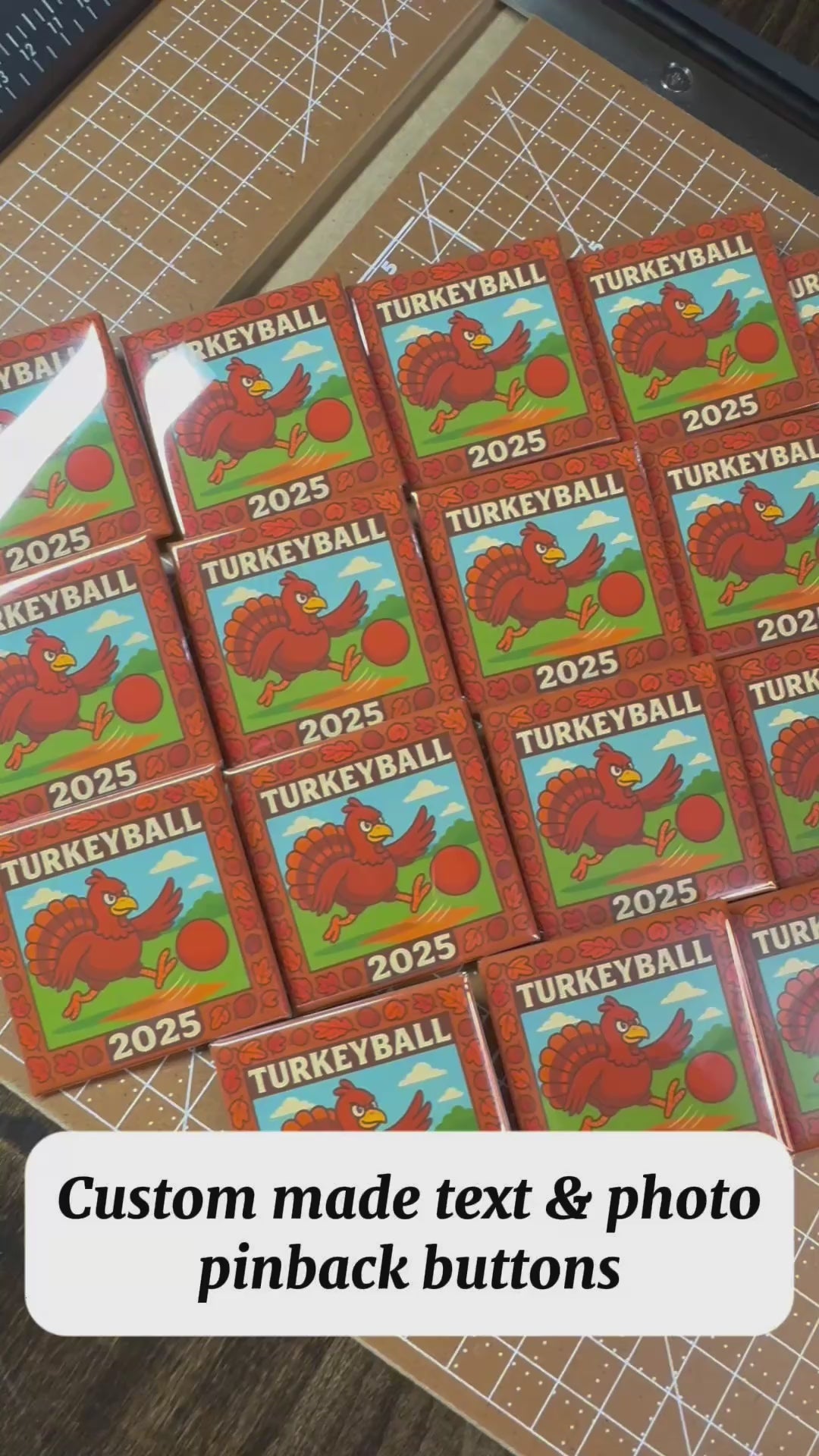 Video shows multiple 2x2 inch square pinback buttons