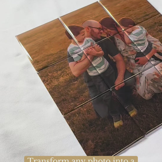 Video shows a 9-piece magnetic puzzle with text reading "Transform any photo into a 9-piece magnetic puzzle"