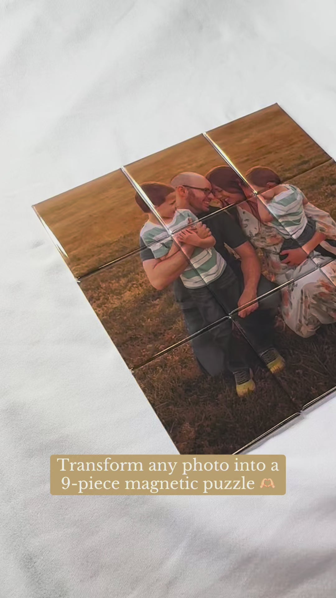 Video shows a 9-piece magnetic puzzle with text reading "Transform any photo into a 9-piece magnetic puzzle"